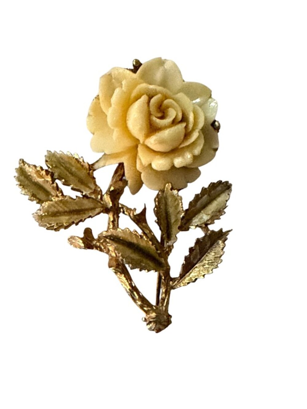 Vintage Carved Rose Brooch Cream Floral Gold Tone Leaf Pin